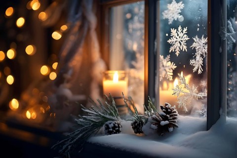 Snow-covered window with frost patterns, candlelight softly glowing through the glass, and warm,