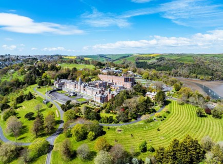 Britannia Royal Naval College from a drone, Dartmouth, Devon, England, United Kingdom, Europe