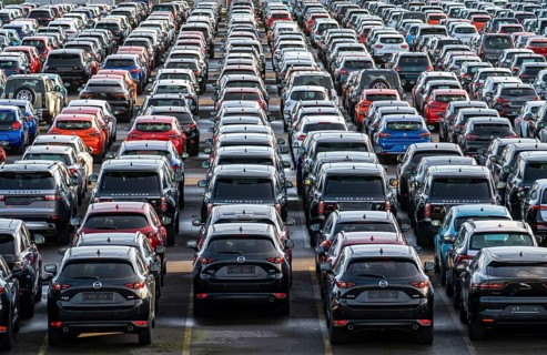 Car terminal in the Logport I inland port, in Duisburg on the Rhine, vehicle handling of new cars,