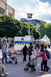 Police video surveillance at the Porschekanzel, in front of the Marktkirche in the city centre of