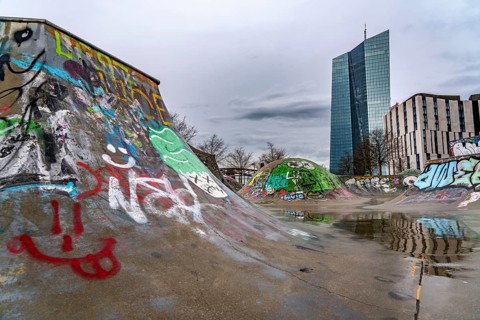 Building of the European Central Bank, ECB, skate park in the rain, at the Osthafen, at the Main in