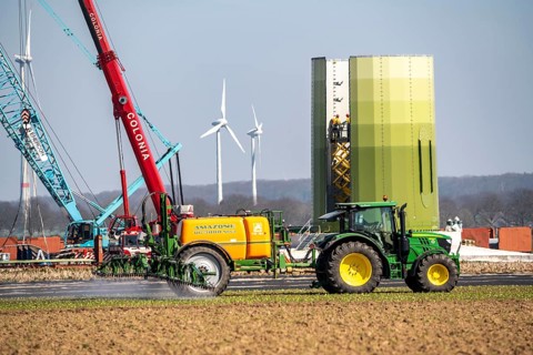Construction of a wind turbine, Enercon steel pillar, near Kerken, Kleve district, on the Lower
