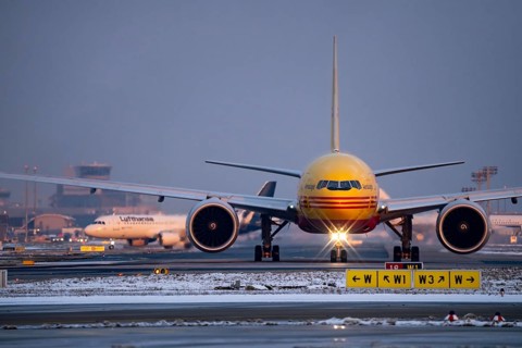 DHL, AeroLogic, Boeing 777F, on the taxiway to Runway West, Frankfurt FRA Airport, Fraport, in