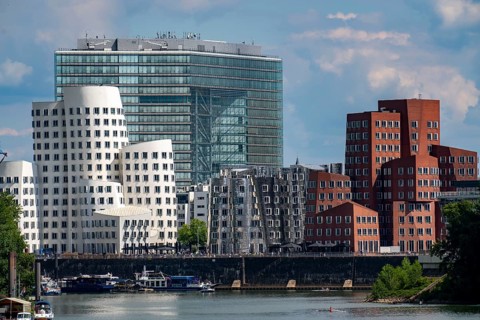 New Zollhof building complex, the Gehry buildings, at the Media Harbour, behind the Stadttor