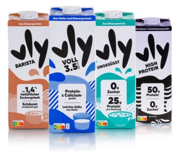 Vly vegan pea milk Milk substitute different flavours coloured against a white background