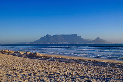 From Bloubergstrand to the silhouette of Cape Town, Cape Town, with Table Mountain, Cape Town,