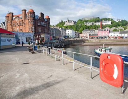 The quayside on North Pier with the Columba Hotel, Oban, Argyll and Bute, Scotland, UK