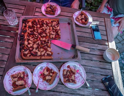 Fresh plum cake from the baking tray. Baden-Württemberg, Germany, Europe
