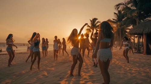 Young adults dancing on the beach enjoy the sunset on their vacation, generatvie AI, AI generated
