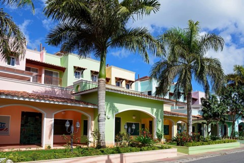 Colourful houses under a blue sky with palm trees create a tropical and relaxed atmosphere,