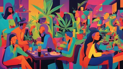 Abstract composition of a cannabis cafe with ambiance bold contrasting colors and playful shapes,