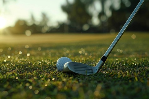 Close up of golf ball and club on grass. Generative AI, AI generated