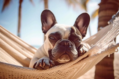 French Bulldog dog in hammock at beach. KI generiert, generiert AI generated