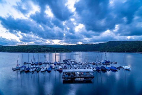 Lake Rursee, reservoir in the Eifel National Park, north-east bank near Heimbach, near the Rur dam