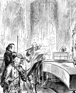 Frederick II the Great playing the royal flute in the parlour of Sanssouci Palace. Hohenzollern,
