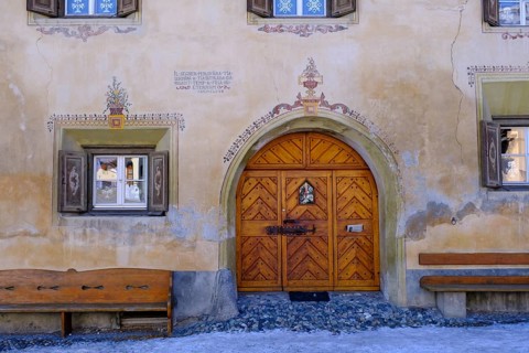 Entrance doors, sgraffito in the house walls, Scuol, Engadin, Graubünden, Switzerland, Europe