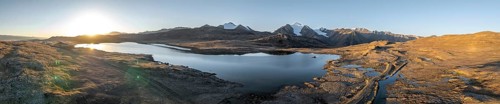 Aerial view, mountain peak and mountain lake, evening mood, Arabel Lake at Arabel Pass, Issyk Kul