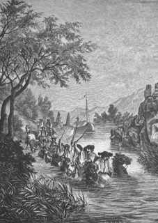Hungarian ship pullers in a branch of the Danube near Hainburg, Historical, digitally restored