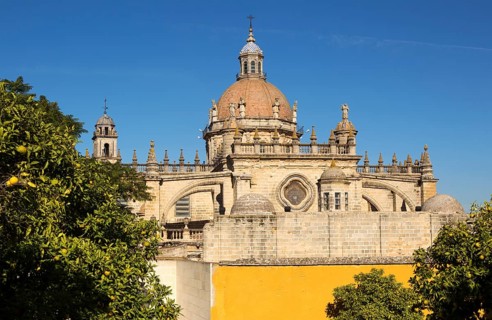 Dome of Cathedral church amidst orange trees with deep blue sky, Jerez de la Frontera, Cadiz