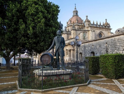Cathedral church in Jerez de la Frontera, Cadiz province, Spain with Tio Pepe statue
