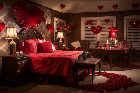 A cozy bedroom adorned with red and white heart-shaped balloons, rose petals, and candles creating