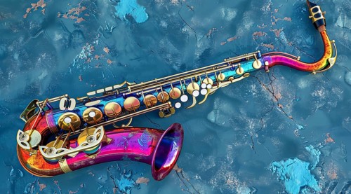 A colorful saxophone is displayed on a wall, AI generated
