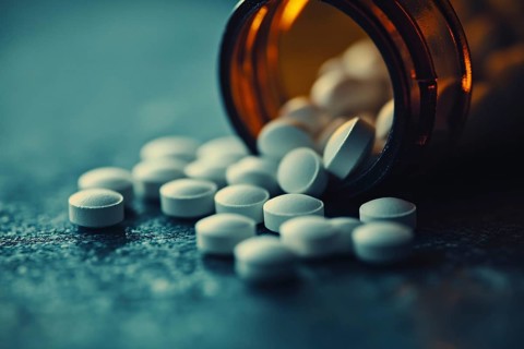 White medical pills spilling from glass bottle container. Generative Ai, AI generated