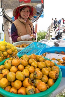 Vietnamese woman peeling khaki fruit at Heavens Gate, Ha Giang province, Vietnam, Asia