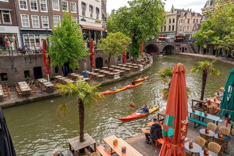 Utrecht, Netherlands, historic city centre, Oudegracht, canal, restaurants, pubs, cafés, shops