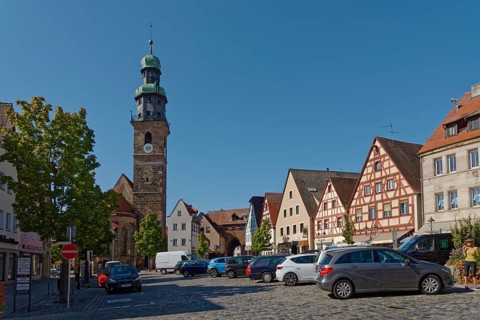 Picturesque church square of the town of Lauf an der Pegnitz with half-timbered houses and the