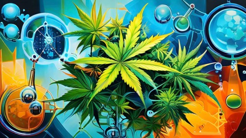 Abstract painting of chemical structure of thc and cbd interlocking geometric shapes, AI generated