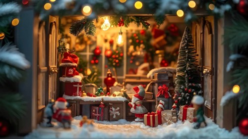 Traditional advent calendar door opening, showing a tiny festive scene inside with miniature