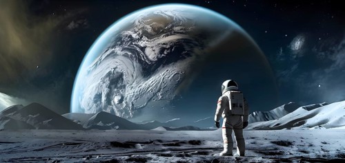 An astronaut stands on a lunar-like surface gazing at an immense planet rising, AI generated
