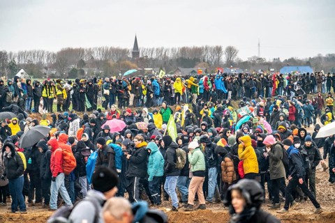 Many thousands of demonstrators march after a demonstration against the demolition of the lignite