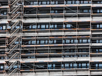 Scaffolding on a new building at the East Side Gallery, Berlin, 02 07 2023