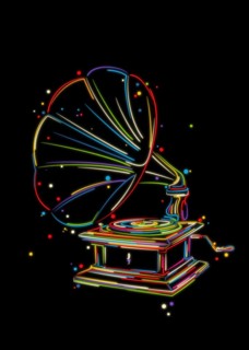 Stylized hand drawn gramophone vintage, stylized vector illustration in colors over black