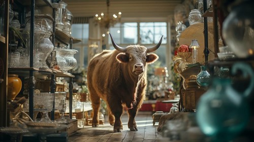 Very large bull with horns in a China shop filled with glassware. generative AI, AI generated