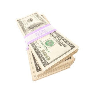 Ten thousand dollar stacks of one hundred dollar bills isolated on white