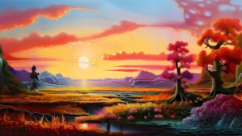 AI generated painting of a surreal landscape with digital brush strokes intertwining with