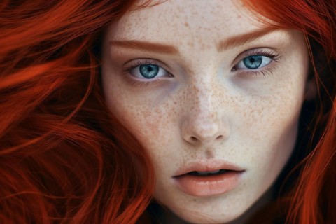 Close up of dace of woman with bright red hair and many freckles. KI generiert, generiert AI