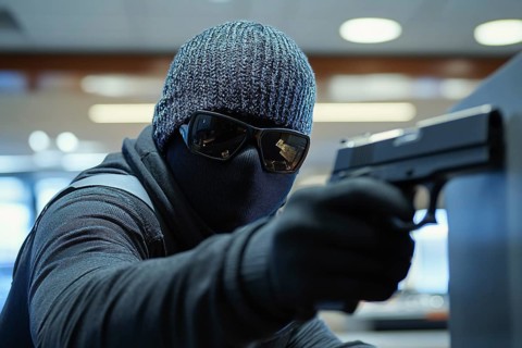 Bank robber with face hidden behind ski mask and sunglasses with gun. Generative Ai, AI generated