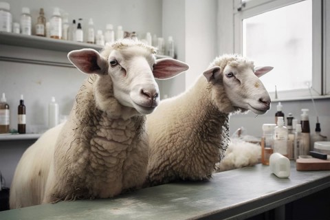 Two clone sheep on labarotory. KI generiert, generiert AI generated