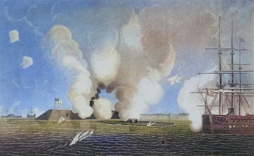 First naval battle between ironclads. The Confederate CSS Virginia, formerly Merrimack, on the left
