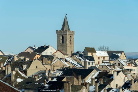 Dungeon Tower of Saint Chely d'Apcher in winter, Margeride, Lozere department, Occitanie, France,