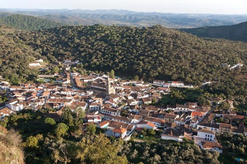Overhead oblique angle view of village of Alajar, Sierra de Aracena, Huelva province, Spain, Europe