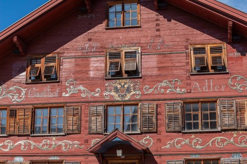 Schwarzenberg, Bregenz district, Bregenzerwald, historic inn from 1765, detail, inscription, wooden