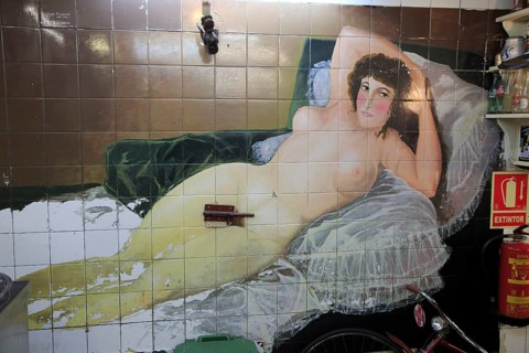 Female nude mural wall picture inside famous historic Los Gatos Cervecerias bar, Madrid, Spain,