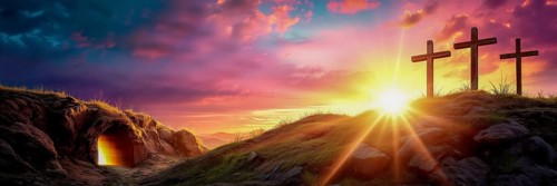 Easter concept three crosses on Golgotha Calvary hill against a dramatic sunset with open tomb of