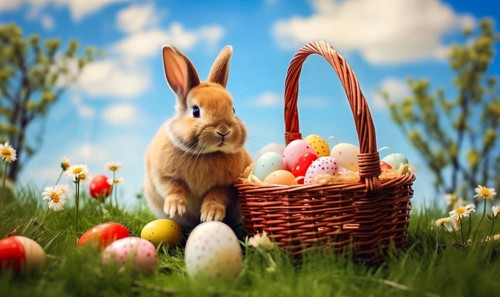 Cute Easter bunny sits beside a basket filled with colorful, decorated eggs amidst a vibrant green