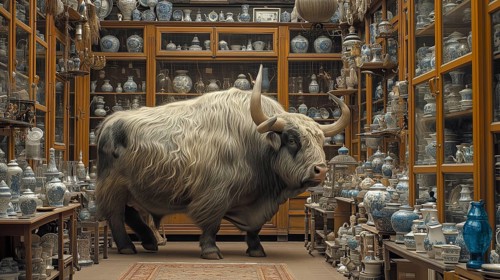 Very large bull with horns in a China shop filled with glassware. generative AI, AI generated